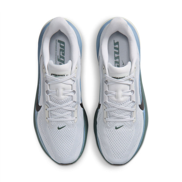 White athletic shoes with blue accents on a white background