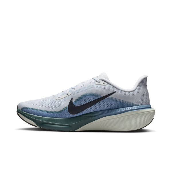White running shoe with blue accents on a white background