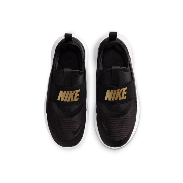 A pair of Nike slip-on sneakers in black with gold 'NIKE' lettering on the side, shown from a top-down view on a white background.