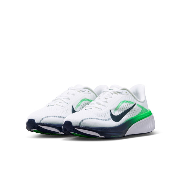 A pair of Nike running shoes in white, featuring a dark navy blue Swoosh and heel, and bright green accents on the side and midsole, set against a plain white background.