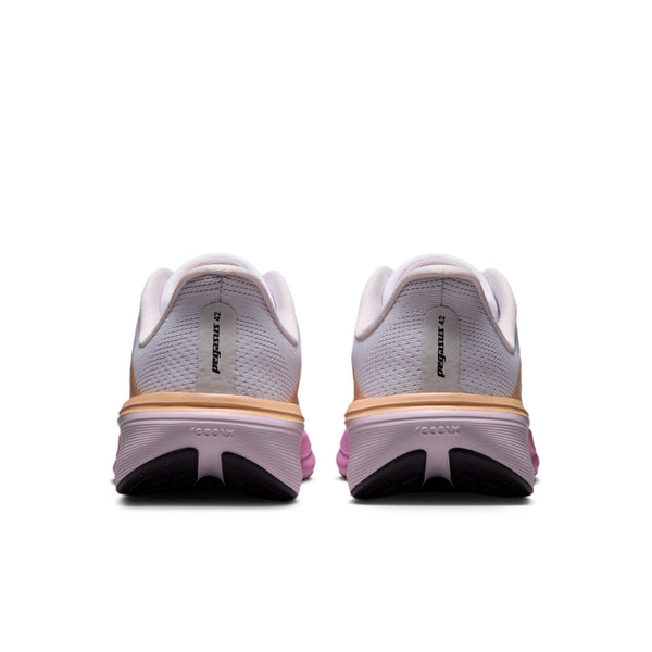 A pair of running shoes shown from the back, featuring a light gray and white mesh upper, a peach midsole accent, and a pink and black outsole.