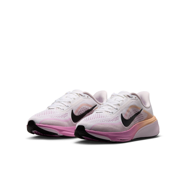 A pair of Nike running shoes in white, pink, and black, featuring a black Swoosh logo and a pink midsole, shown against a plain white background.