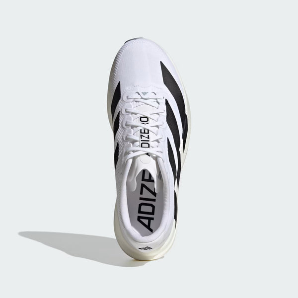 White and black athletic shoe with 'Adizero' branding on a white background