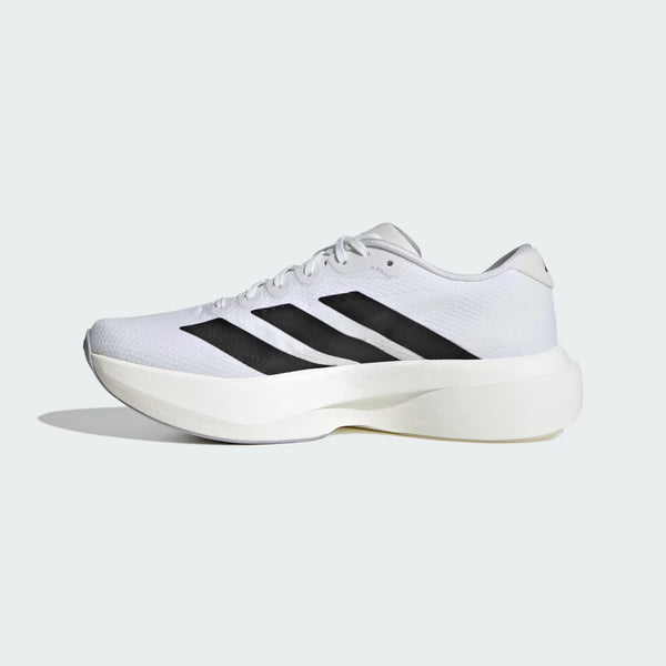 White Adidas sneaker with black stripes on a light gray background