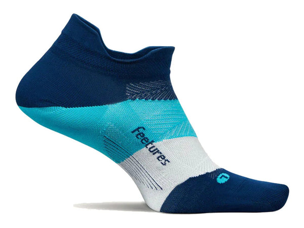 Blue and teal sock with 'Feetures' branding on a white background