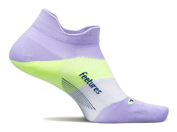 Purple and green sock with 'Feetures' branding on a white background