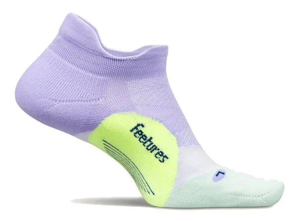 Light purple and green sock with 'feetures' branding on a white background