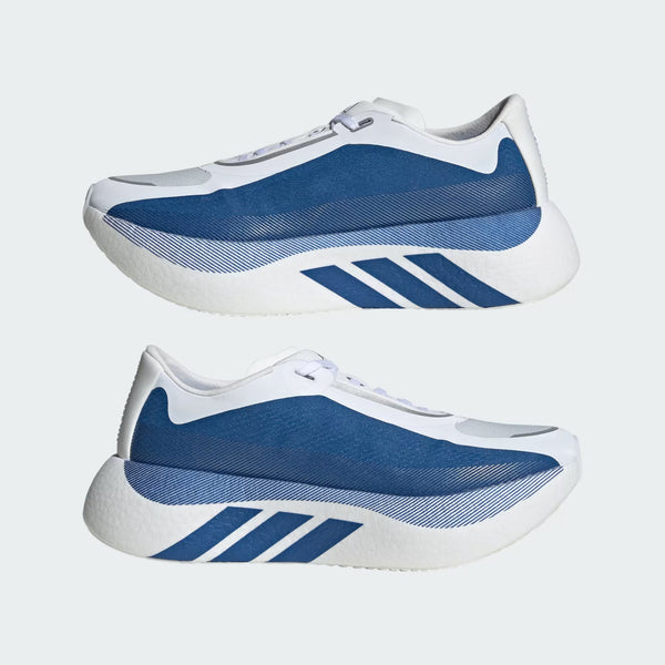 A pair of blue and white shoes without laces visable seen from both sides.