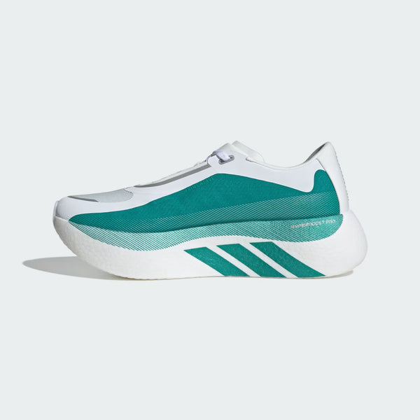 Teal and white sneaker with three stripes on a light gray background