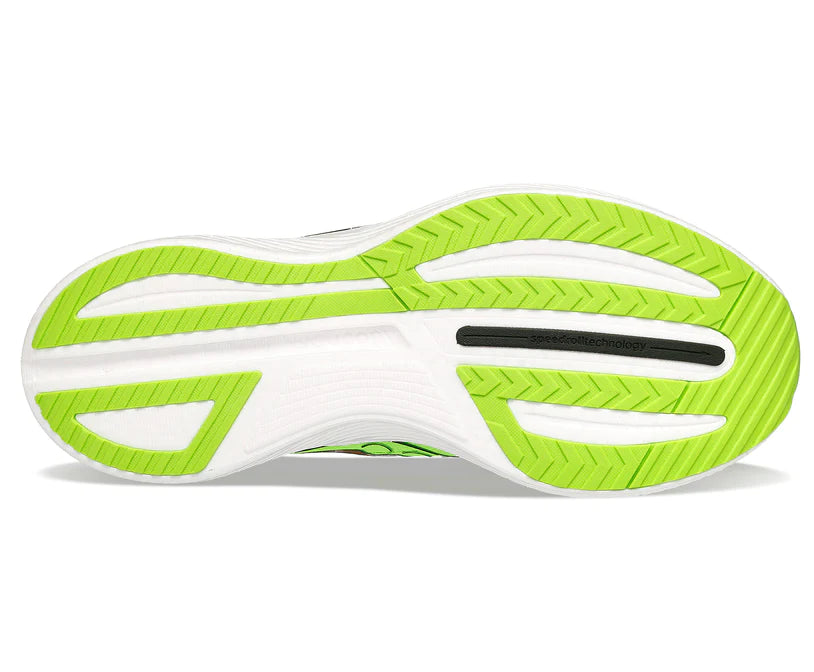Bottom (outer sole) view of the Men's Endorphin Speed 3 by Saucony in the color Slime/Gold