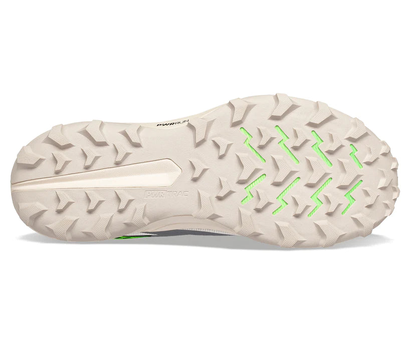 Bottom (outer sole) view of the Men's Peregrine 13 by Saucony in the color Gravel/Slime