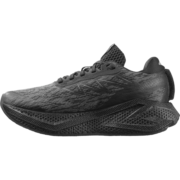 All black running shoe on a white background