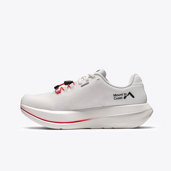 White running shoe with red and black accents on a white background