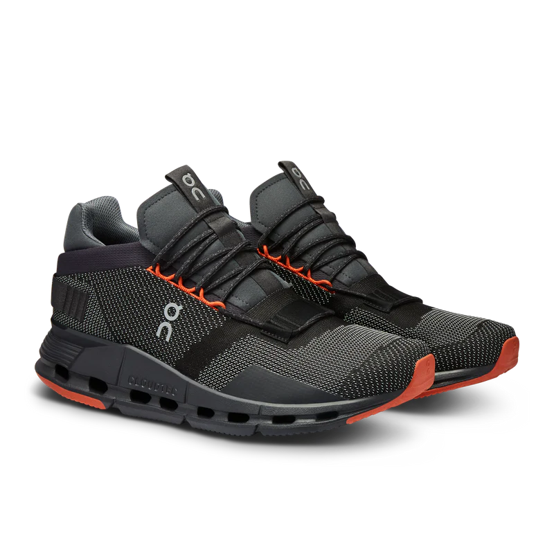 Front angle view of the Men's On Cloudnova in Black/Flame