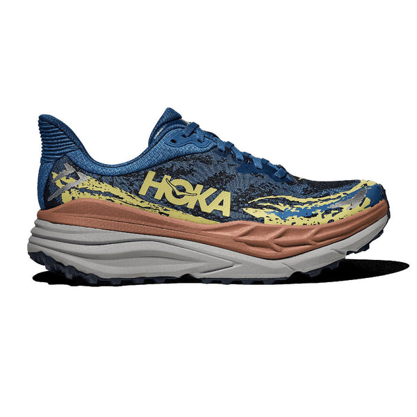 Blue and brown running shoe with 'Hoka' branding on a white background