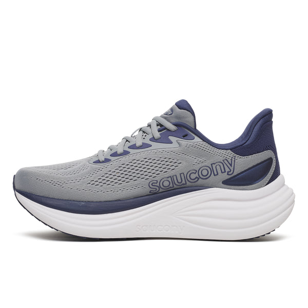 Gray and blue running shoe with 'Saucony' branding on a white background