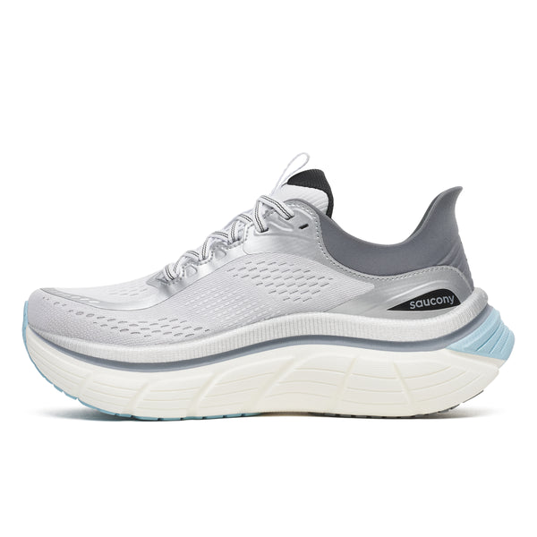 White running shoe with black and red accents on a white background