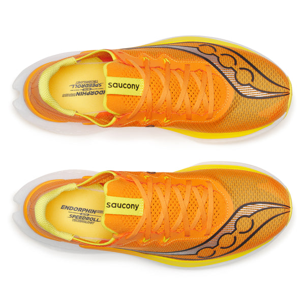 Orange running shoes with black and yellow details on a white background