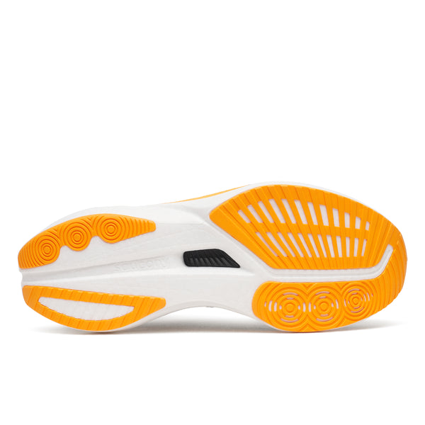 Orange and white athletic shoe sole on a white background