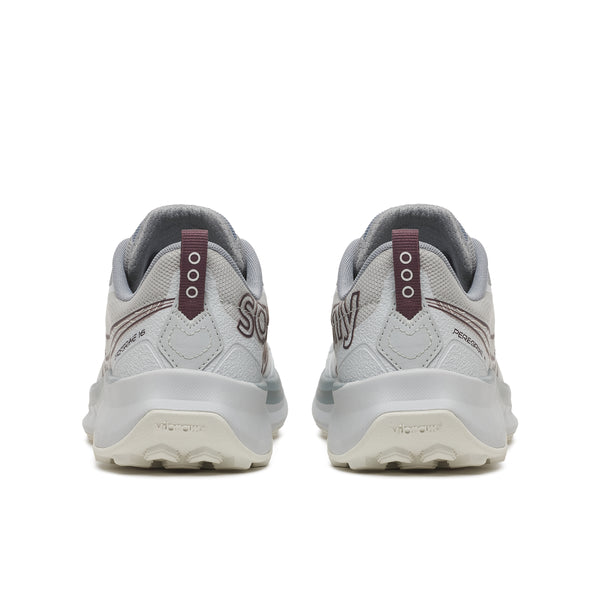 Gray and maroon running shoes with 'Saucony' branding on a white background