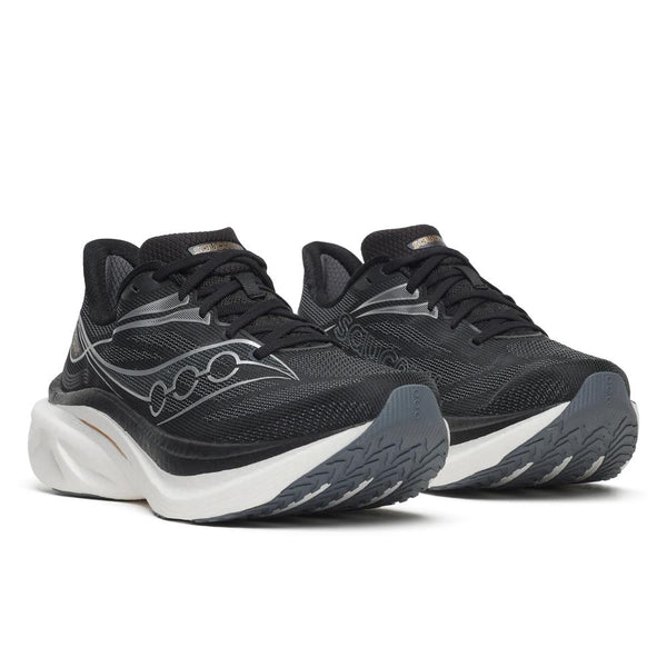 Black, white, and silver running shoe on a white background