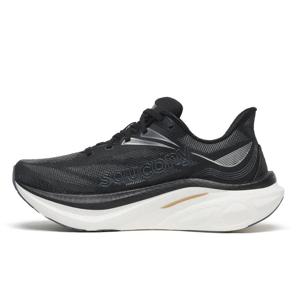 Black, white, and silver running shoe on a white background