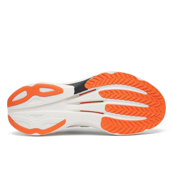 Blue, white, black, and orange running shoe on a white background