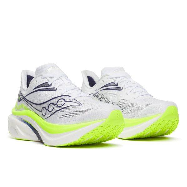 Neon yellow, white, and black running shoe on a white background