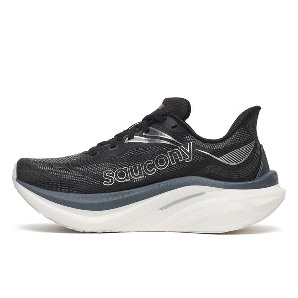 Black, white, and silver running shoe n a white background