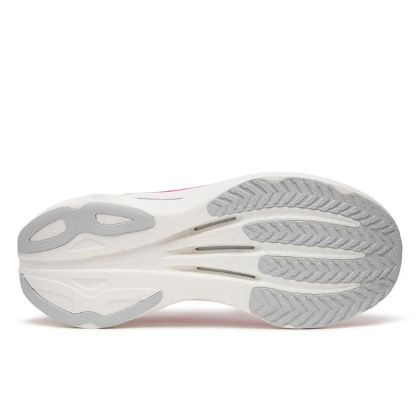 Fuchsia, white, and silver running shoe on a white background