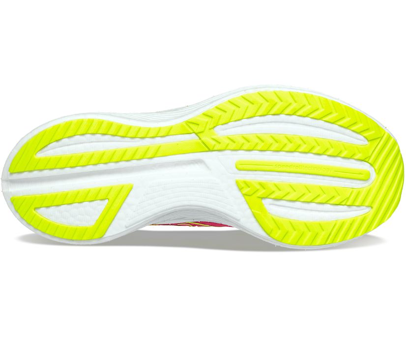 Bottom (outers sole) view of the Women's Endorphin Speed 3 by Saucony in the color Red/Rose