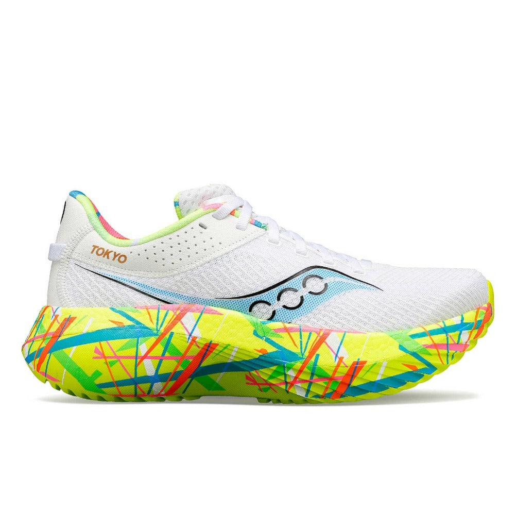 This colorway of the Kinvara Pro is white on the upper but the midsole has a bright and crazy design