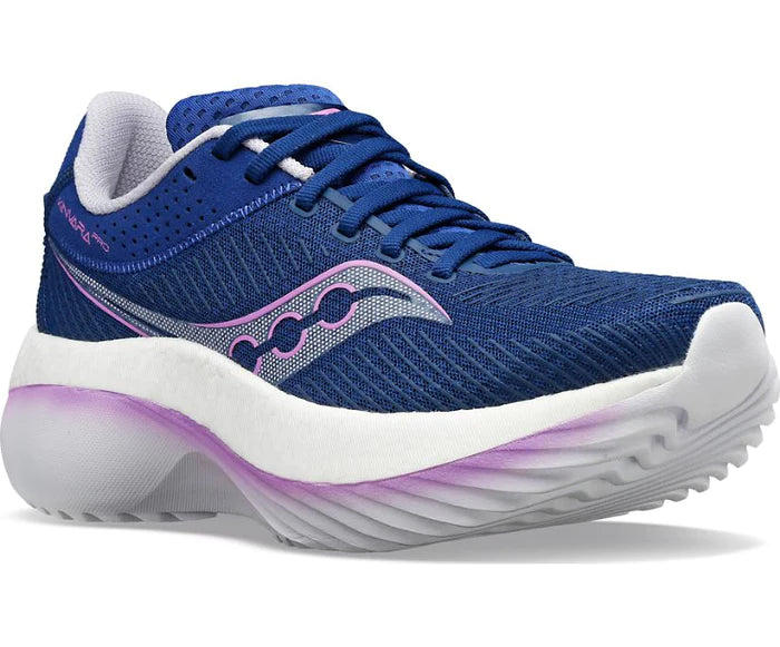 Front angle view of the Women's Kinvara Pro by Saucony in Indigo/Mauve