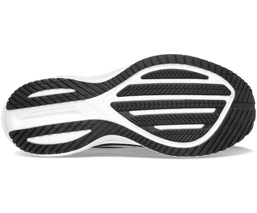 Bottom (outer sole) view of the Men's Triumph 21 by Saucony in the wide 2E width, color Black/White