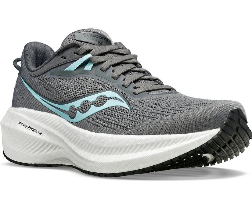 Front angle view of the Women's Triumph 21 by Saucony in the color Gravel/Black