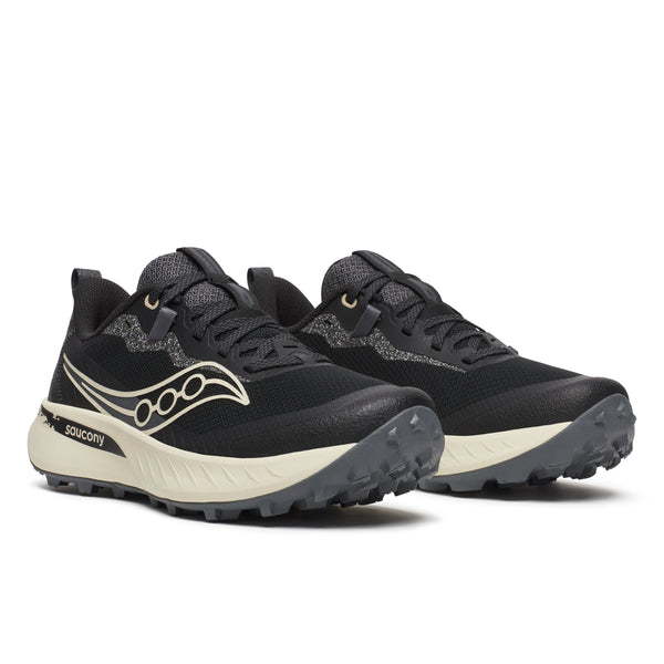 Black Saucony running shoes on a white background