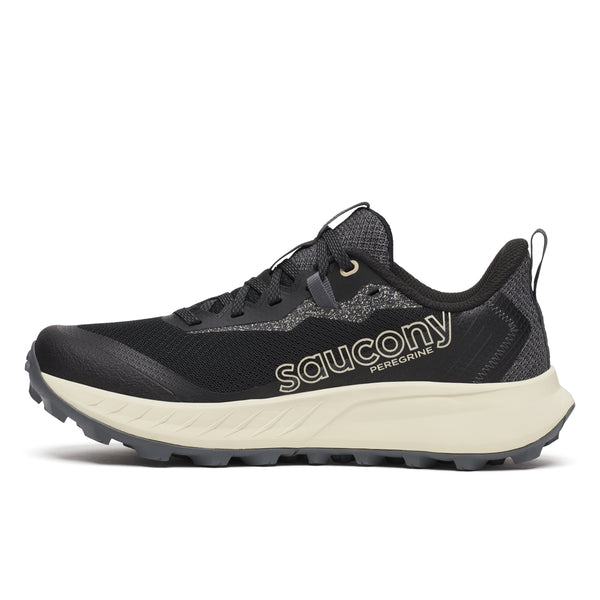 Black running shoe with white stripes on a white background