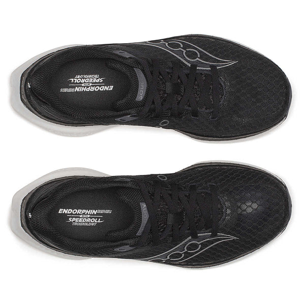Black running shoes from Saucony with visible brand logo on a white background.