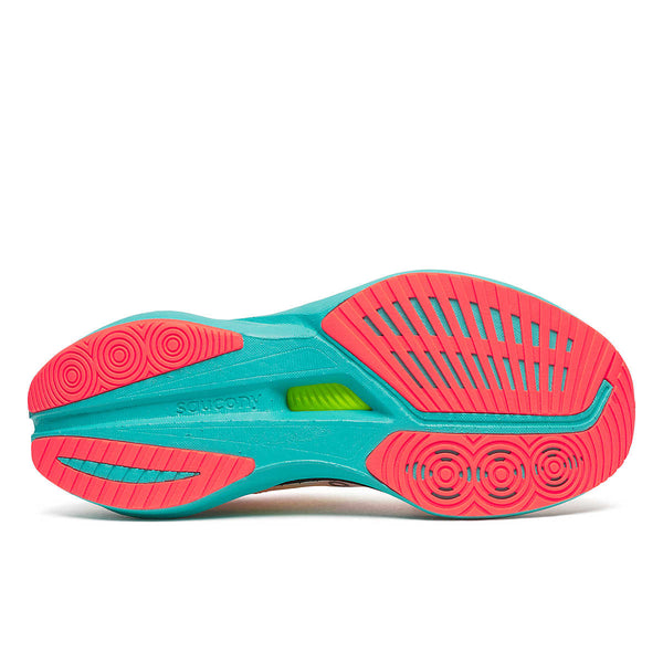 Side view of a Sucony running shoe with pink and blue sole on a white background.