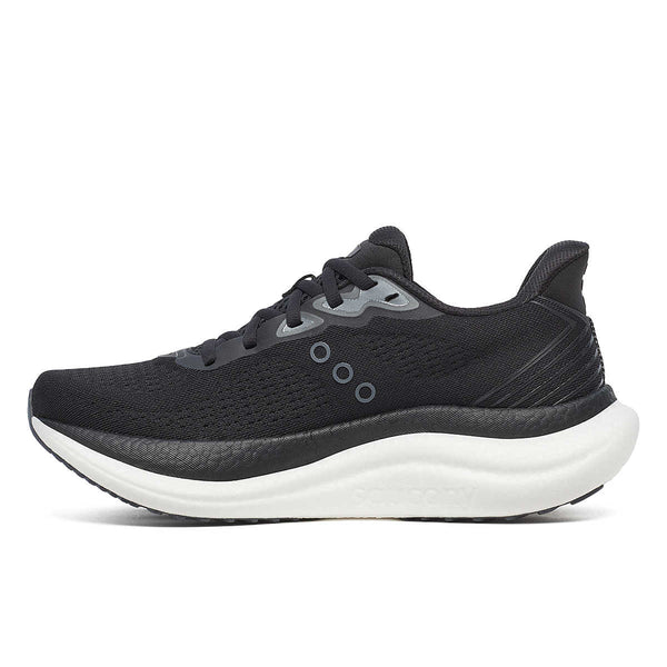 Medial side of a men's black running shoe with white sole on a white background.