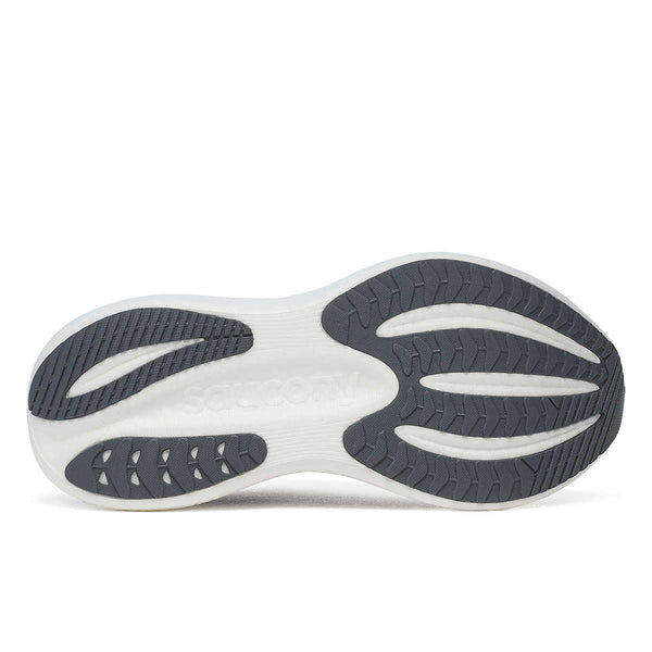 Close-up of a Triumph 23 running shoe sole with white and gray design on a white background.