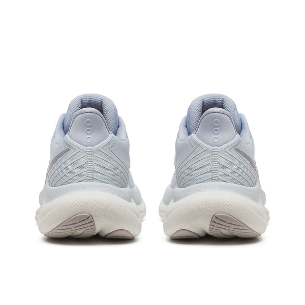 The heel area of the light blue Saucony running shoes shown from the back on a white background.