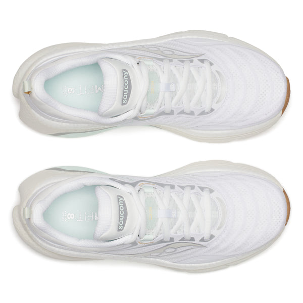White sneakers with brand logo on a white background