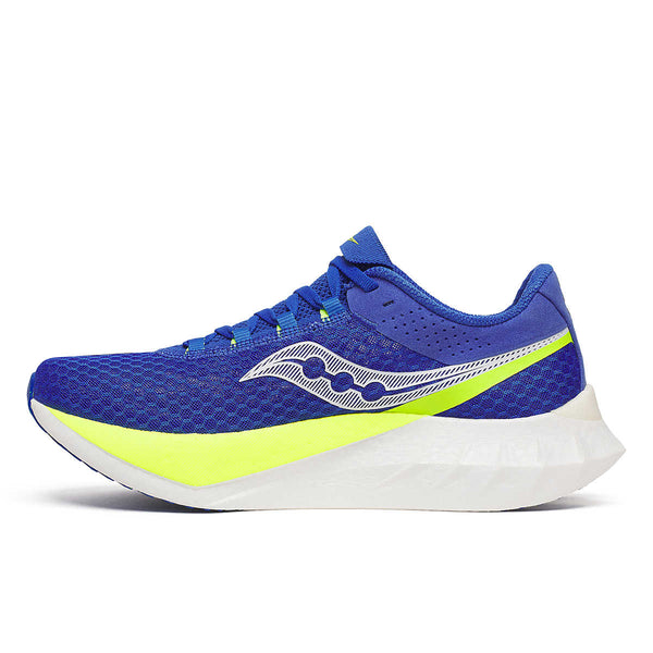 This running shoe has a blue upper and a yellow strip with white sole on a white background.