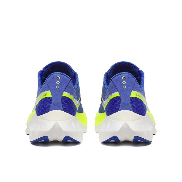 The heel area of a blue and green men's Saucony running shoes on a white background.