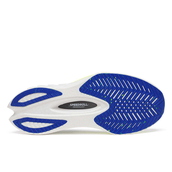 Close-up of a Saucony running shoe sole with blue and white design on a white background.