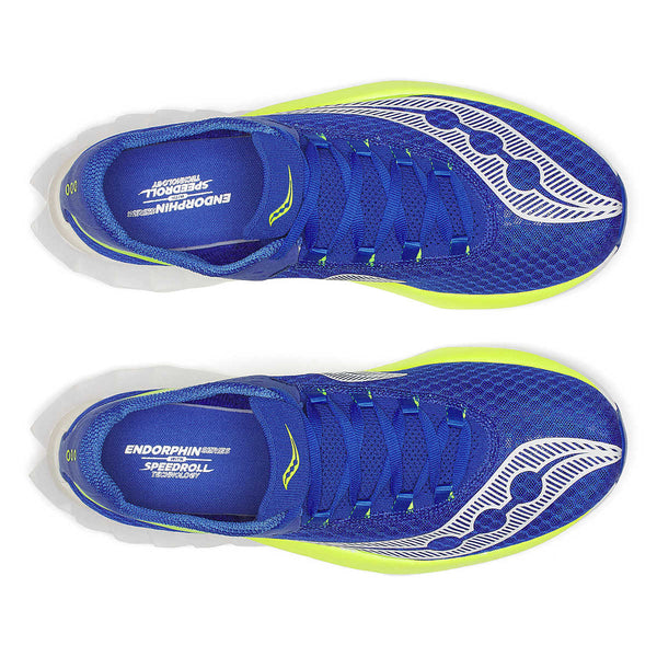 The top down view of a Saucony blue running shoes with yellow accents on a white background.