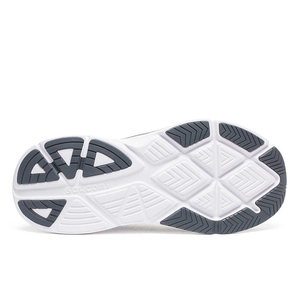 White Saucony stability running shoe with a gray sole on a white background.