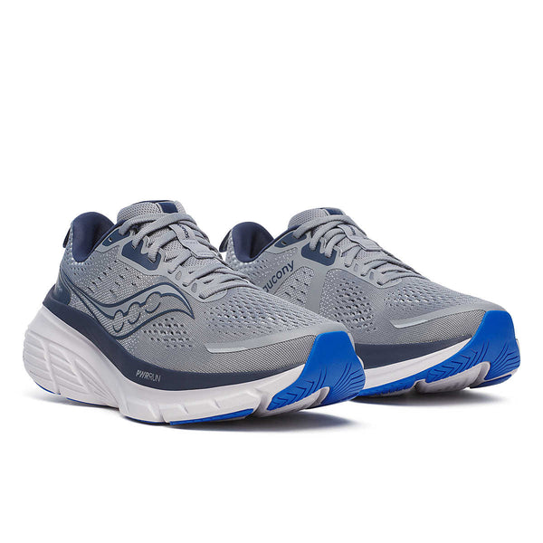 A pair of men's gray and blue running stability shoes on a white background.