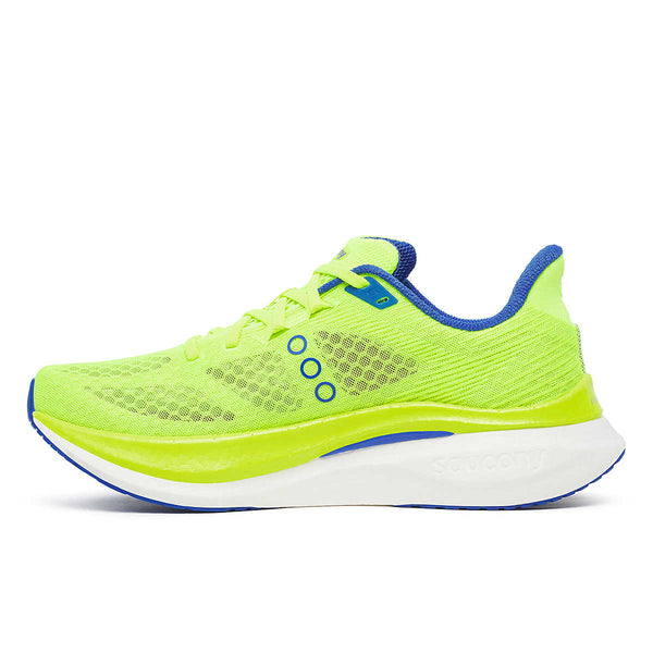 Bright green running shoe from Saucony with blue accents on a white background.